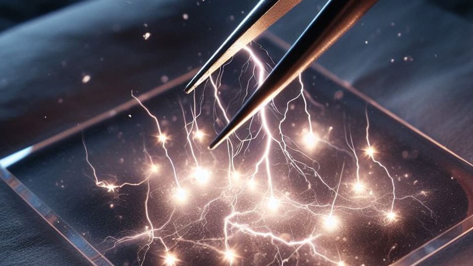 AI generated image depicting a pair of tweezers touching tiny lightning bolts.