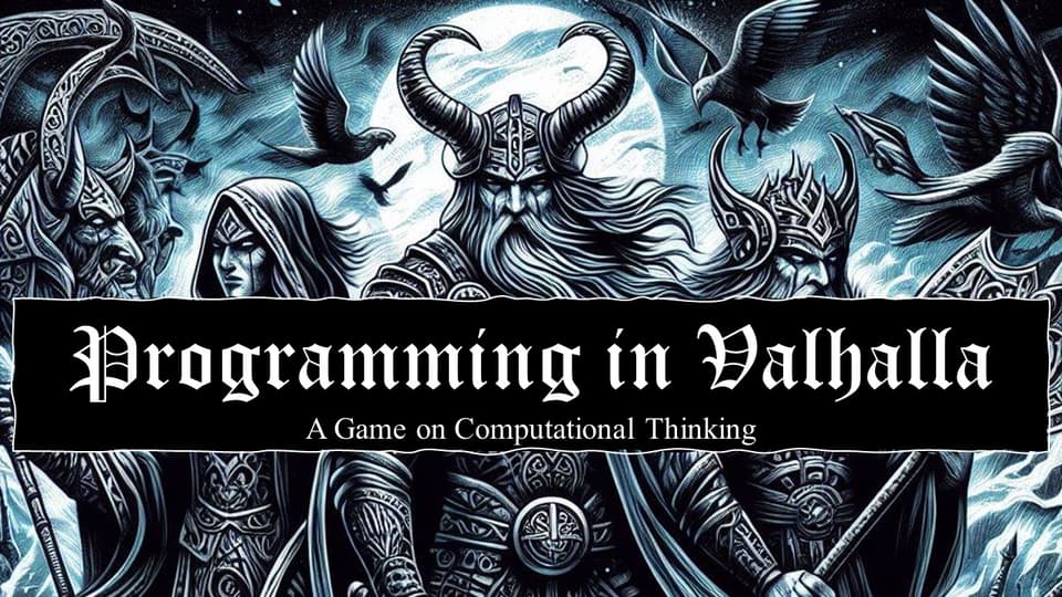 Startskärm till spelet Programming in Valhalla föreställande asagudar med spelets titel skrivet över bilden.