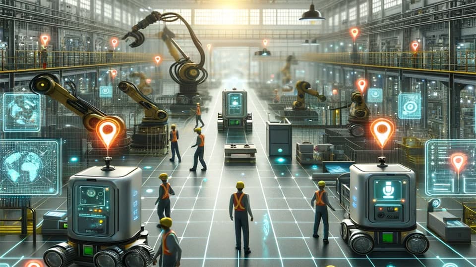 Ai genererad bild som visar en industrilokal där människor, maskiner och robotar samsas om utrymmet.