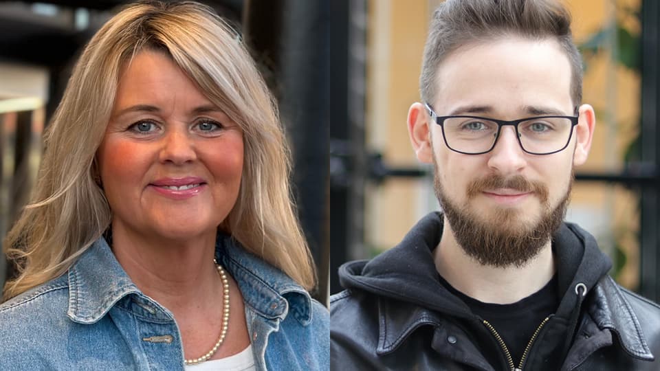 Kvinna med blont hår och mönstrad blus och mörkhårig man med glasögon och skägg