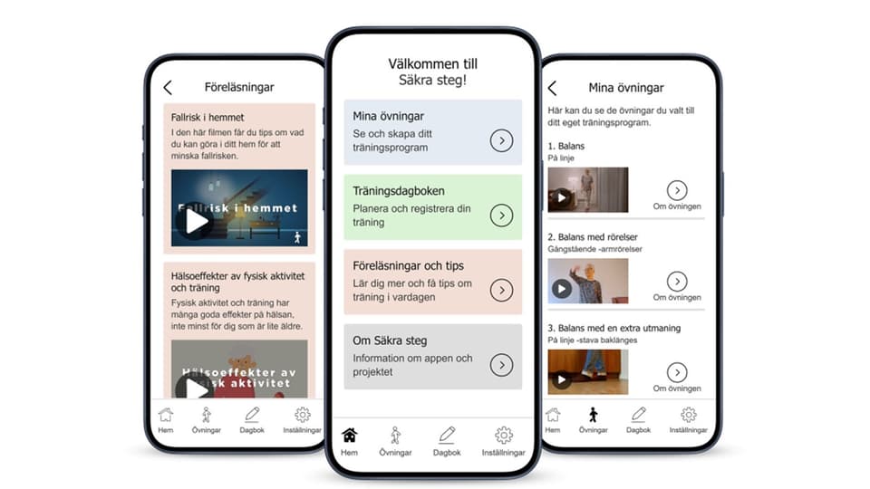 Three mobile screens showing what the Säkra steg app looks like
