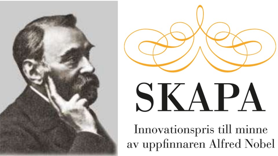 Grafic image created of a picture of a man thinking on one side, and on the other a written message about the SKAPA-proce, in memory of Alfred Nobel.