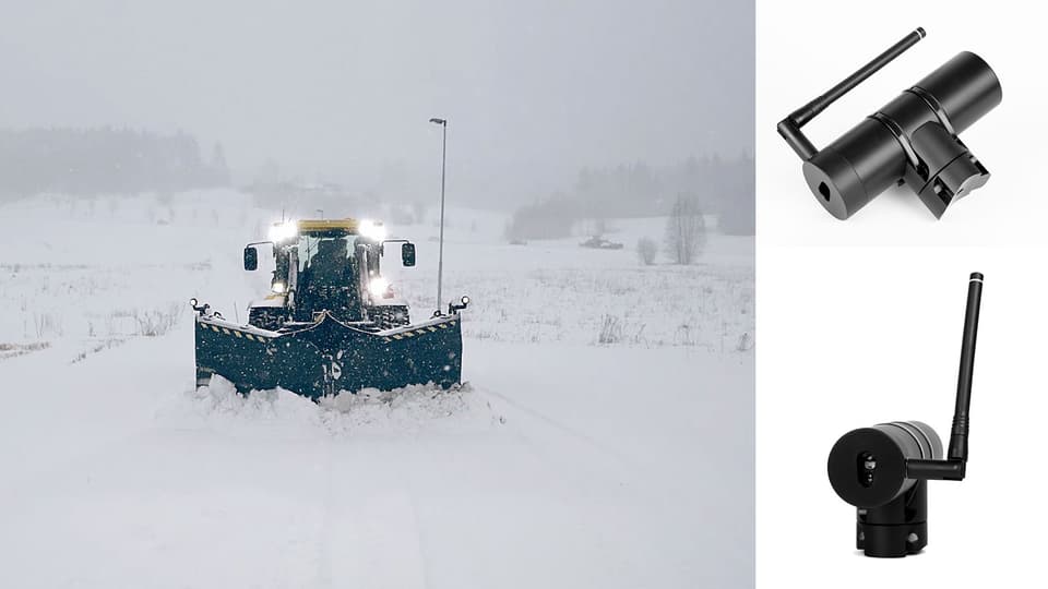Plogbil på vinterväg och snödjupsmätare