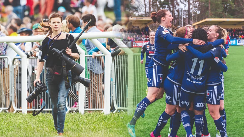 Bildmontage. En kvinna med flera kameror står framför en stor grupp människor. Bredvid den bilden kramas flera kvinnor i fotbollskläder på en gräsplan.