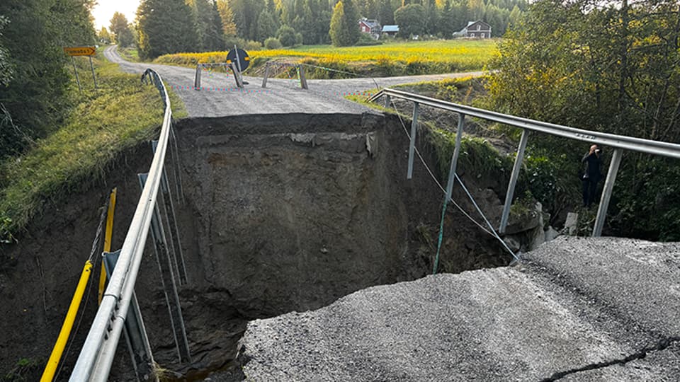 Collapsed road section with a large gap where the bridge fell, guardrails hanging over the edge.