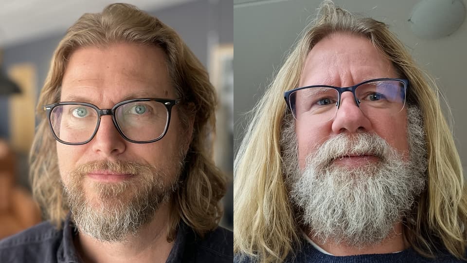 Två män med blont långt hår och golasögon