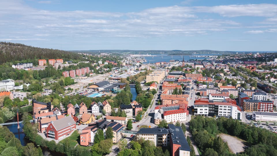 Drone image, Campus in the foreground, Sundsvall city in the background