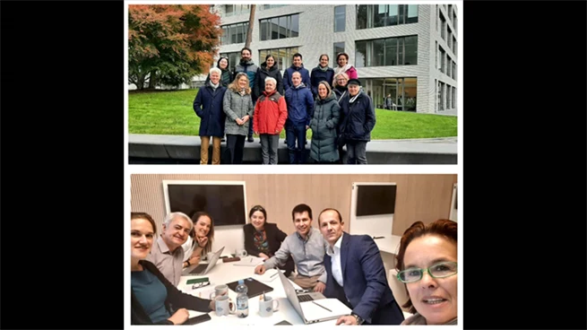 Two pictures with people. In the upper picture, thirteen people are standing outside in front of a building. In the lower picture, seven people are sitting around a table with computers in front of them.  