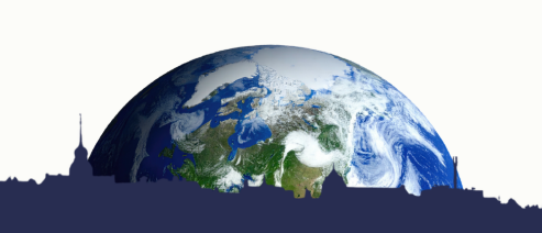 An illustration of a globe over a city