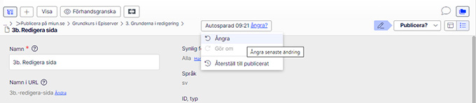 Ångra steg för steg i Episerver.