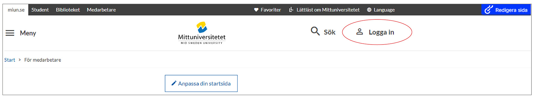 Skärmdump där Logga in är markerat