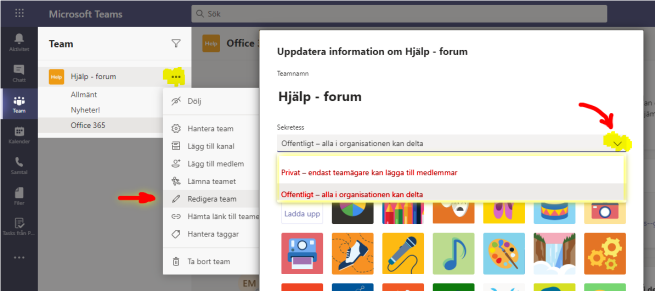 Skärmdump från Teams - Välj offentligt eller privat team